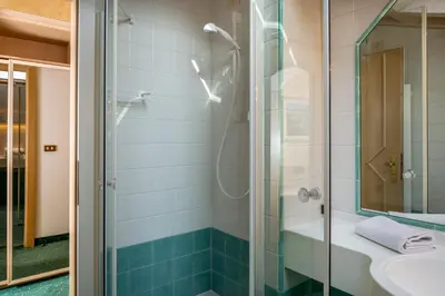 a bathroom with a shower and a sink at Albergo Contrin in Campitello