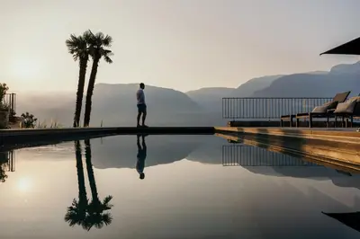 a man standing next to a swimming pool with a palm tree at Ansitz Romani in Termeno