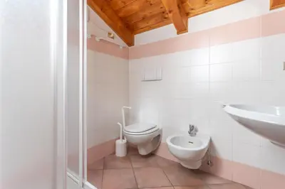 a bathroom with a toilet and a sink at Casa Fanton in Pozza di Fassa