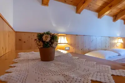 a bedroom with a table with a potted plant on it at Casa Fanton in Pozza di Fassa