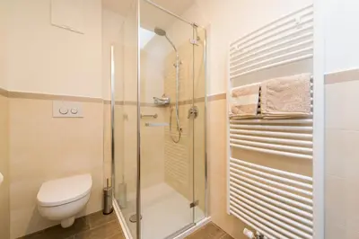 a bathroom with a shower and a toilet at St. Urbanhof in Termeno