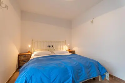 a bedroom with a large bed with a blue blanket at Casa De La Veisc in Pozza di Fassa