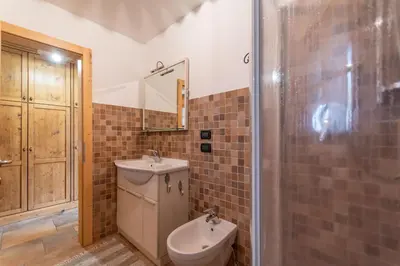a bathroom with a sink and a toilet and a shower at Casa De La Veisc in Pozza di Fassa