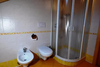 a bathroom with a shower and a toilet and a sink at Chalet alla Cascata in Badia