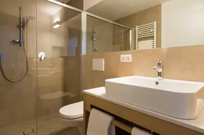 a bathroom with a sink and a toilet and a shower at Tirolerin Garni Hotel in Termeno