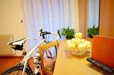 a bike sitting next to a table with a bowl of fruit at Hotel Waldheim in Sarnonico
