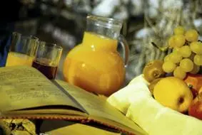 a table with an open book and a bottle of orange juice at Hotel Garni Hubertus in Tirolo