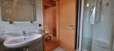 a bathroom with a sink and a shower at Casa Soraruf in Campitello di Fassa