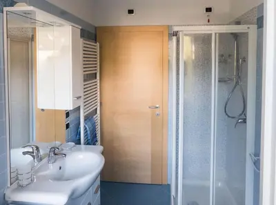 a bathroom with a sink and a shower at Casa Soraruf in Campitello di Fassa