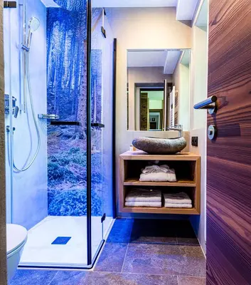 a bathroom with a shower and a sink at Garni Residence Soraiser in Selva di Val Gardena