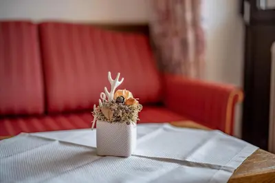a white vase with deer antlers on a table at Pension Grafenau in Schenna