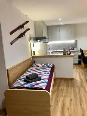 a kitchen with a bed in the middle of a room at Casa Volcan in Tesero