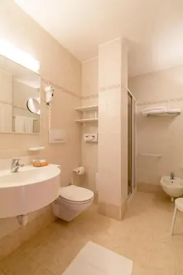 a white bathroom with a sink and a toilet at Hotel Garni la Stua in Selva di Cadore
