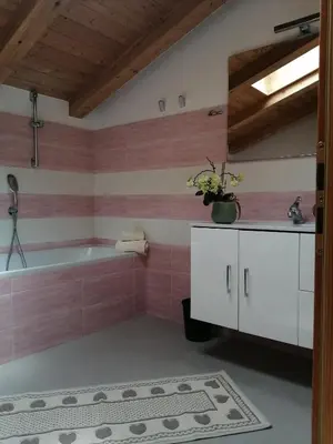 a bathroom with a tub and pink tiles at Villetta Muncion in Pozza di Fassa