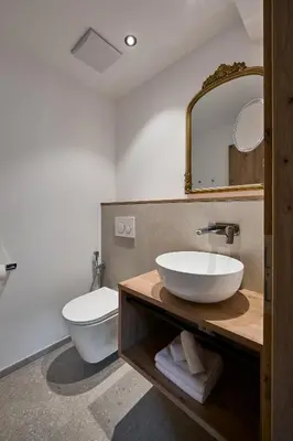 a bathroom with a sink and a toilet and a mirror at Art Residence Josefshof in Lagundo