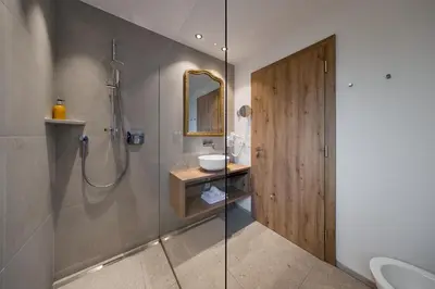 a bathroom with a shower and a sink and a toilet at Art Residence Josefshof in Lagundo