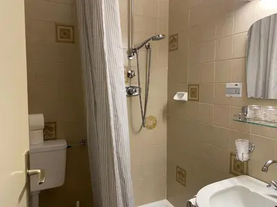 a bathroom with a shower and a toilet and a sink at Ciasa Soreghina in Colfosco