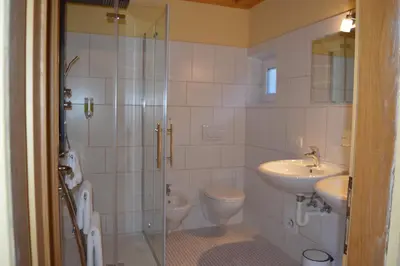 a bathroom with a shower and a sink and a toilet at Martlerhof Urlaub auf dem Bauernhof in Campo di Trens