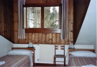 a room with two beds and a window at Casa Montana S. Maddalena in San Vito di Cadore