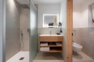 a bathroom with a sink and a toilet and a shower at Spires Hotel in Canazei