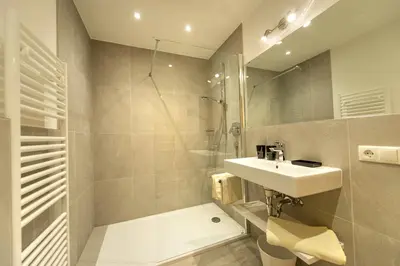 a bathroom with a sink and a shower at Chalet Alpina in Ortisei