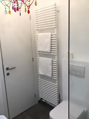 a bathroom with a towel rack next to a toilet at Penthouse Jolanda Meran-o in Merano