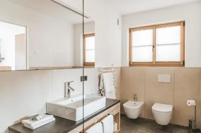 a bathroom with a sink and a toilet at Lochbauer in Meltina