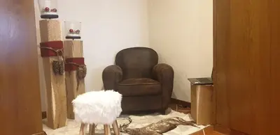 a living room with a brown chair and a white object at Albergo Bernard in Canazei