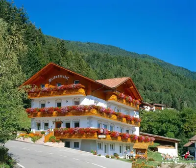 a building with flowers on the side of a road at Gasthof Weidmannshof in Bressanone