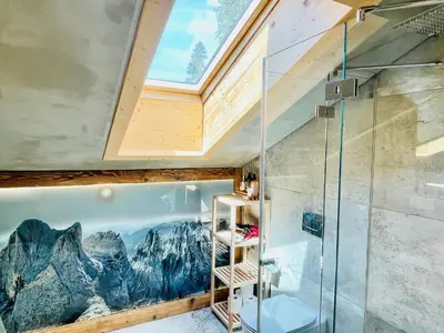 a bathroom with a shower and a skylight at Chalet Bernardi Apartments in Ortisei