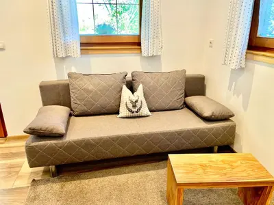 a brown couch in a living room with a table at Chalet Bernardi Apartments in Ortisei