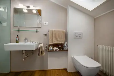 a bathroom with a sink and a toilet at Haus Lasaun in Bressanone