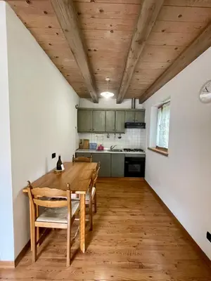 a kitchen and dining room with a wooden table and chairs at Agriturismo Maso Fumas in Canale dʼAgordo
