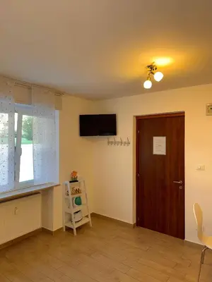 a room with a door and a television on the ceiling at Friedrich Apartments in Merano