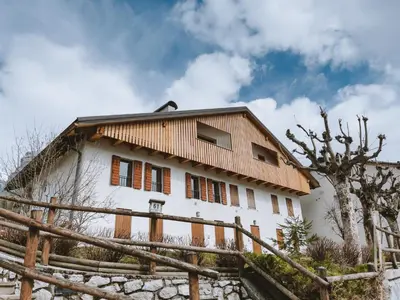 a house with a wooden roof and a fence at Casa Ladinia in San Vito di Cadore