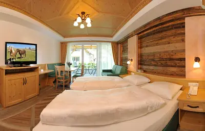a hotel room with two beds and a television at Hotel Sureghes in Ortisei