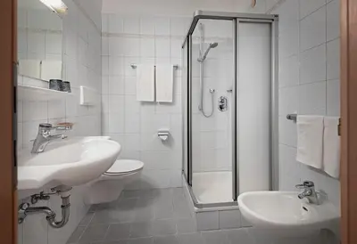 a bathroom with a toilet and a sink and a shower at Hotel Sureghes in Ortisei