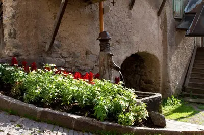 a garden with red flowers and a water fountain at Moena Appartamenti in Moena