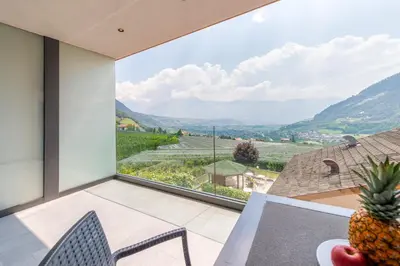 a pineapple sitting on a table on a balcony with a view at Plarserhof in Lagundo