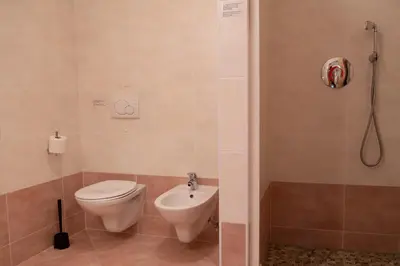 a bathroom with a toilet and a sink and a shower at Fewo Dreiraum im Haus Götsch 2 in Parcines