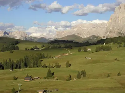 a green field with mountains in the background at Appartements Karbon in Seiser Alm