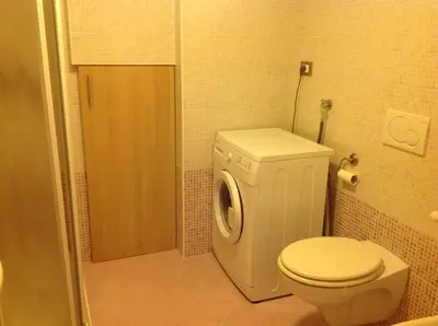 a bathroom with a toilet and a washing machine at Appartamenti Piazzi in Tesero