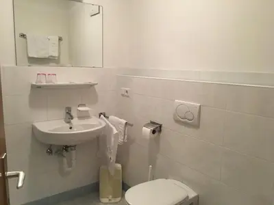 a bathroom with a sink and a toilet and a mirror at Burgfrieden in Vipiteno