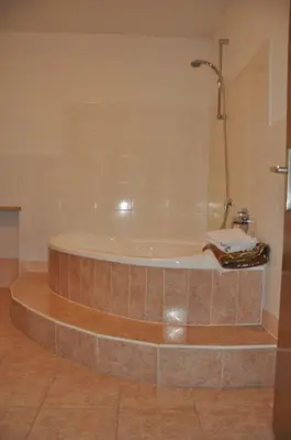 a bath tub with a shower in a bathroom at Burgfrieden in Vipiteno