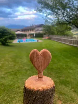 a wooden heart on top of a tree stump at Sturmhof in Chiusa