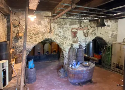 a room with a stone wall and a room with barrels at Sturmhof in Chiusa