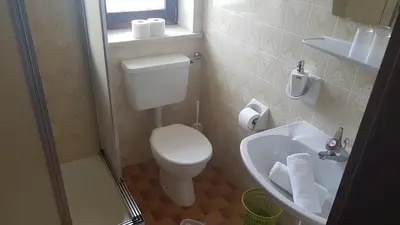 a small bathroom with a toilet and a sink at Pension Volgger in Rodengo