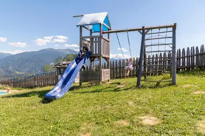 a child sliding down a slide on a playground at Der Brunnerhof in Mühlbach