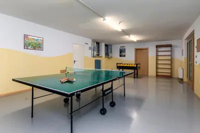 a ping pong table in a room with a table tennis at Apartments Samberg in Eggen
