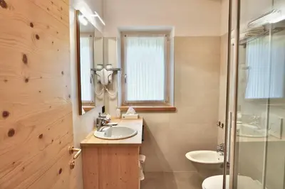 a bathroom with a sink and a toilet and a shower at Hotel Garni Civetta in Selva di Cadore